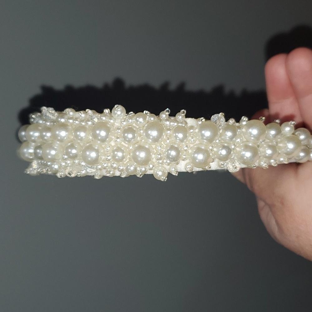 New handmade boutique crystal pearl detail fancy flexible wide headband prom - Picture 3 of 8